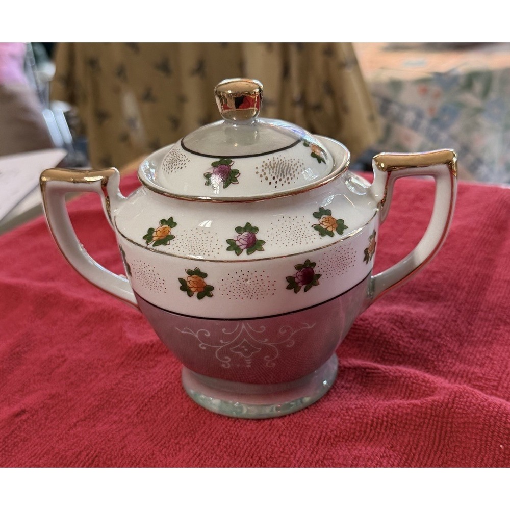 Vintage Takito Japan Lusterware Sugar Bowl w/ Lid Roses Gold Trim 1930s